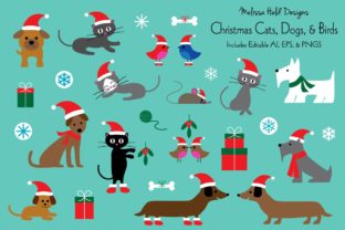 Christmas Cats, Dogs, and Birds Illustrations