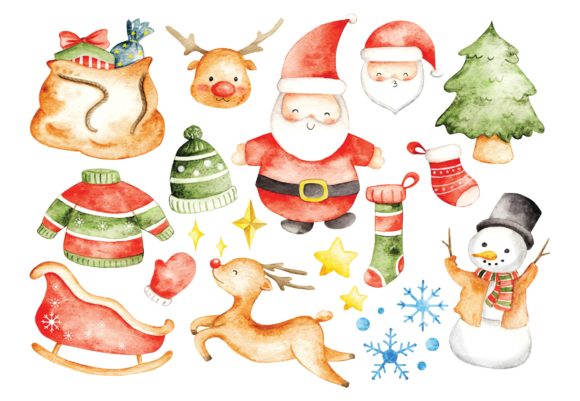 Christmas Doodle in Water Colour Illustrations