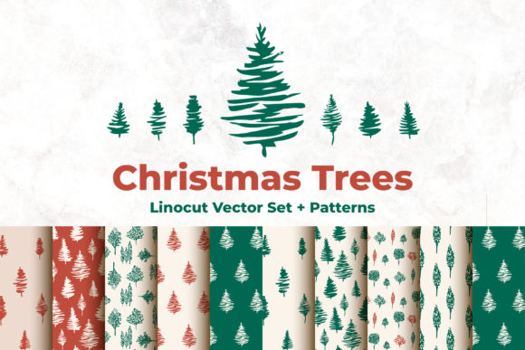 Christmas Trees Linocut Vector Set