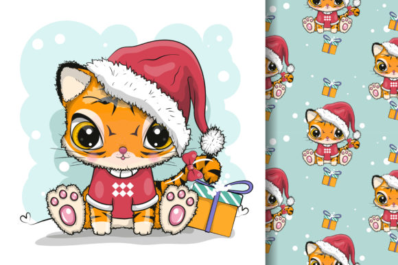 Cute Cartoon Tiger with Christmas Custom Illustrations