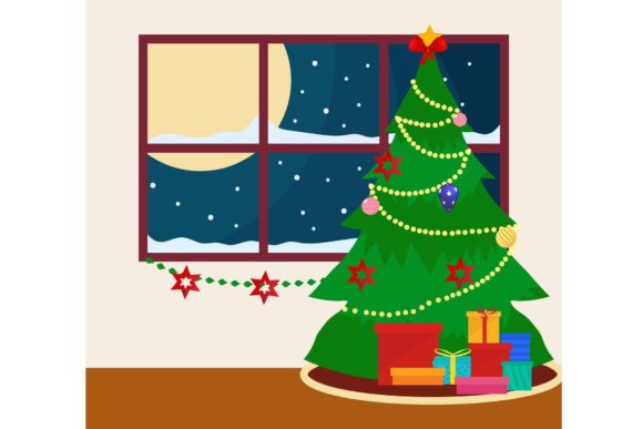 Decorated Christmas Tree and Gift Boxes Illustrations