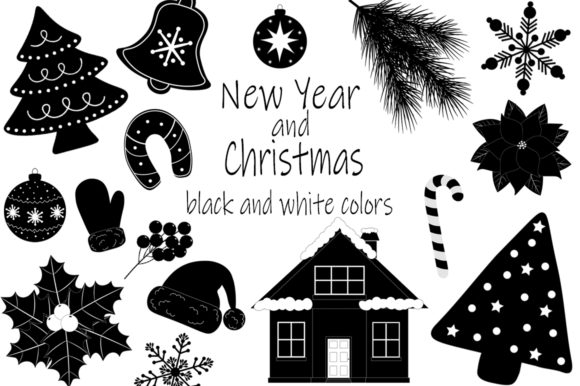 New Year and Christmas Black and White Illustrations
