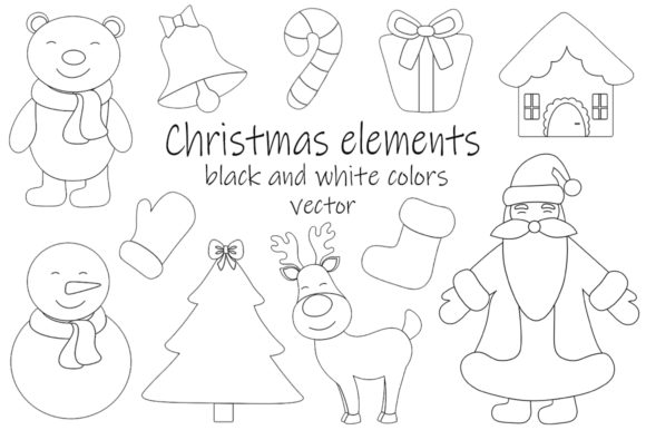 New Year Christmas Black and White Color Illustrations