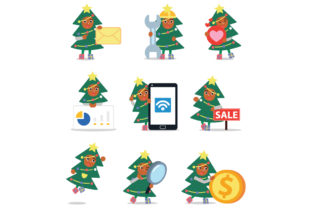 Set of Character Christmas Tree Man Illustrations