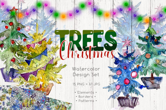 Trees Christmas Watercolor Set Illustrations
