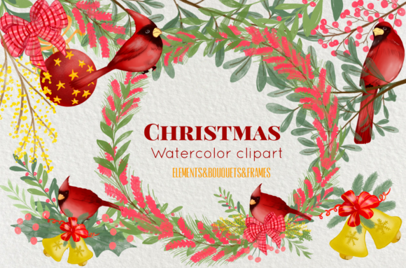 Watercolor Christmas Flower and Red Bire