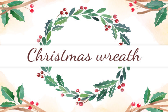 Watercolor Christmas Wreath with Berries Illustrations
